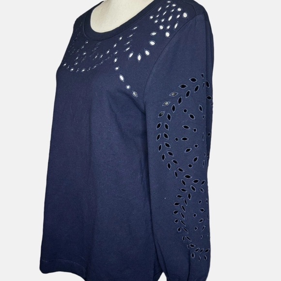 Chico's Zenergy Navy Blue French Terry Cutwork Top Size 2 #00057 - Picture 2 of 5